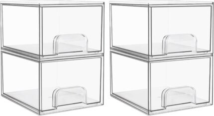 Vtopmart 4 Pack Clear Small Stackable Storage Drawers,Acrylic Bathroom Makeup Organizer,Plastic Storage Bins For Vanity, Undersink, Kitchen Cabinets, Pantry, Home Organization