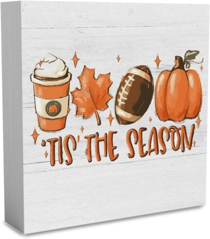 Rustic Tis' the Season Pumpkin Wood Box Sign, Farmhouse Retro Fall Artwork Decor, Autumn Harvest Thanksgiving Wooden Square Sign Desk Block Signs Home Shelf Office Decoration 5 x 5 Inches