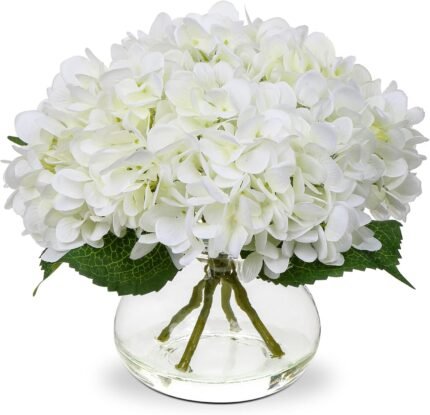 Hollyone Hydrangea Artificial Flowers with Vase White Silk Fake Flowers Arrangements in Glass Vase with Faux Water for Home Bathroom Office Table Centerpiece Shelf Decorations