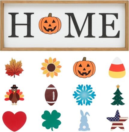 Interchangeable HOME Seasonal Tabletop Sign with 12 Pcs Seasonal Icons Wooden HOME Sign for All Seasons Shelf Mantel Windowsill Decor