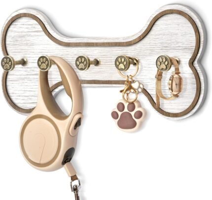 MTERSN Rustic Farmhouse Dog Leash Holder for Wall - Decorative Key Hooks Wall Mount with Bone Shape and Coat Hanger for Entryway - Pets Accessories Storage for Dog Lover Gifts (Distressed White)