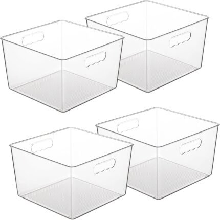 Vtopmart 4 Pack Extra Large Clear Plastic Storage Bins,11x11 Cube Acrylic Organizer Square Containers with Handle for Pantry,Closet,LaundryRoom,Kitchen,Bathroom,UnderSink Organization