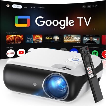 Official Licensed Google TV Smart Projector, HAPPRUN 4K UHD Home Theater with Dolby Sound, Wi-Fi & Bluetooth, Built-in Streaming Apps, Compatible with Games Consoles & Smartphone, Indoor & Outdoor Use
