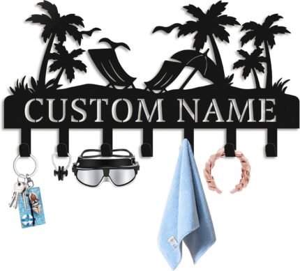 Personalized Key Holder for Wall, Custom Name Metal Key Hanger, Key Hooks with Beach Design, Metal Palm Tree Wall Decor for Living Room, Entryway, Office, Home Decor Aesthetic