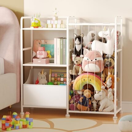 BBLIKE Stuffed Animal Storage - Stuffed Animal Net with Kids Bookshelf and Toy Organizer, 2-Tier White Bookshelf with Stuffed Animal Holder and Fabric Toy Chest for Kids Room, Playroom, Nursery, White