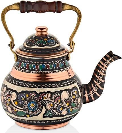 Vintage Copper Turkish TeaPot Tea Kettle Pot for Stovetop Stove Top Infuser Decorative Fancy Arabic Moroccan Party Serving Kitchen Antique Handmade Women Floral Unique Style Gooseneck Gift Decor