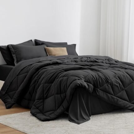 Love's cabin Twin Comforter Set Black, 5 Pieces Twin Bed in a Bag, All Season Twin Bedding Sets with 1 Comforter, 1 Flat Sheet, 1 Fitted Sheet, 1 Pillowcase and 1 Pillow Sham