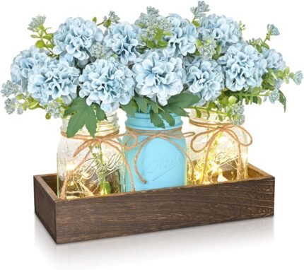 Centerpiece Table Decorations - 3Pcs Hydrangea Artificial Flowers in Mason Jars with Wood Tray for Dining Table Coffee Table Farmhouse Room Decor
