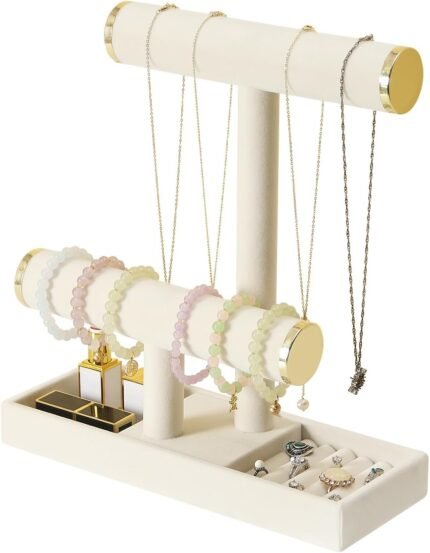 Jewelry Holder Stand,2 Tier Necklace Bracelet Organizer with Tray,Jewelry Displays for Selling Bangles Scrunchie Hair ties Watches and Chains (Beige)