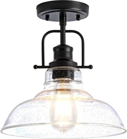 Flush Mount Ceiling Light Fixture < Bulb NOT Included >, Black Metal Frame Ceiling Light Fixture with Seeded Glass, Farmhouse Light Fixture for Kitchen Island Entryway Porch Foyer