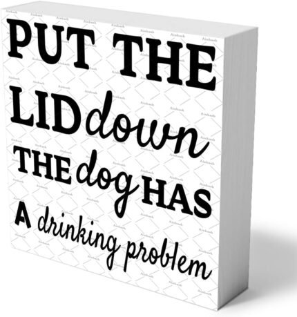 Funny Bathroom Wooden Box Sign Put The Lid Down The Dog Has A Drinking Problem Wood Sign Farmhouse Bathroom Decor For Home 5.1x5.1x1.2 Inch