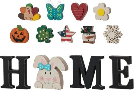 Glitzhome Interchangeable Home Sign with 10 Seasonal Icons Wooden Sign Table Top Shelf Decor for Holiday Farmhouse Door Welcome DIY Decor