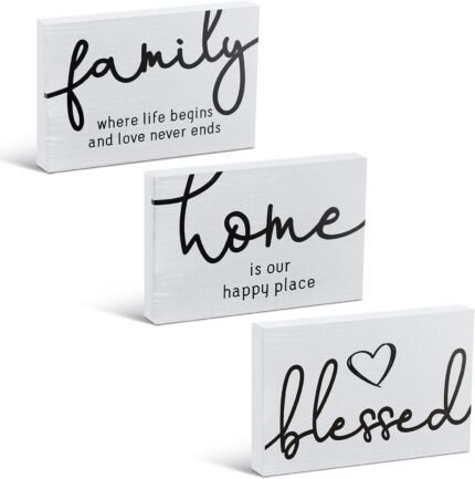 Jetec 3 Pcs Family Home Blessed Rustic Wood Sign Mini Wood Decorative Farmhouse Woodworks Table Shelves Decorations Sign for Bedroom Kitchen Living Room Table Decor(White,4.25 x 2.76 x 0.59 in)