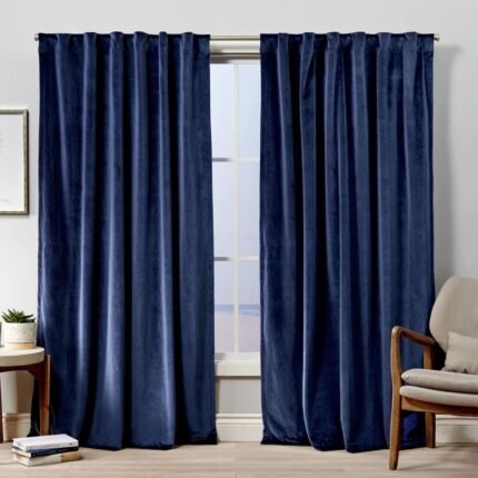 EXCLUSIVE HOME Velvet Heavyweight Light Filtering Hidden Tab Top Curtain Panel Pair, 52"x96", Navy