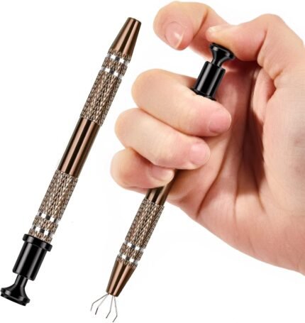 Tweezers Stainless Steel 4-Claw Pick up Tool Jeweler's Pick-Up Tool, 4 Prongs BGA Chip Pick for Small Parts Pickup, Grabber for Tiny Objects in Home, Office - IC Chip (2Pack, Bronze Color)