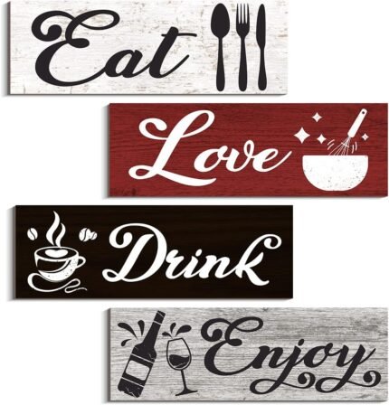 COLOR VALLEY ART - Red Kitchen Decor Accessories, Wall Art Red and Black, Eat Drink Love Wooden Signs for Dining Room (Classic Color)
