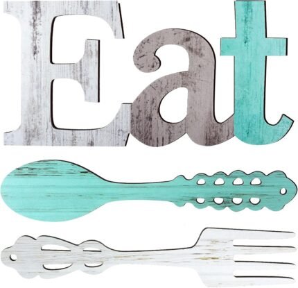 Jetec Set of Eat Sign, Fork and Spoon Wall Decor, Rustic Wood Decoration, Cute Eat Letters for Kitchen and Home, Decorative Hanging Wooden Letters, Country Wall Art for Room(Delicate Colors)
