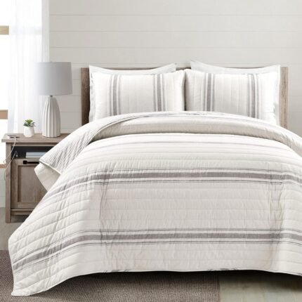 Lush Decor Farmhouse Stripe Reversible Cotton Quilt Queen Size 3 Piece Set Full/Queen Gray - Farmhouse Bedding Set Queen Quilt - Striped Bedding