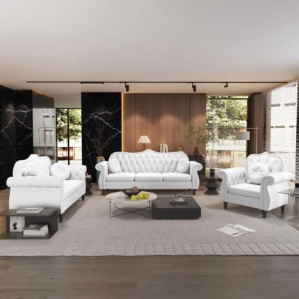 AVZEAR 3-Piece Living Room Sectional Sofa Set, Mid-Century Modern Chesterfield Upholstered Velvet Sofa Couch, Classic Tufted Button White Couch with Nailhead Trim for Living Room, Office (White)