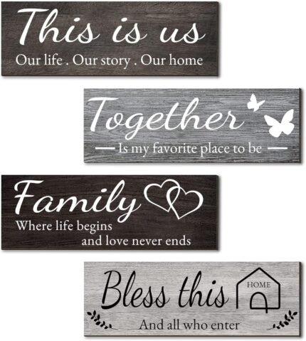 Joyhawk 4 Pieces Home Wall Decor Signs, THIS IS US/TOGETHER/BLESS THIS HOME/FAMILY Wall Decor For Living Room Bedroom, Rustic Wooden Farmhouse Wall Art Decor, 4.7 x 13.8 Inch(Mixed Color)