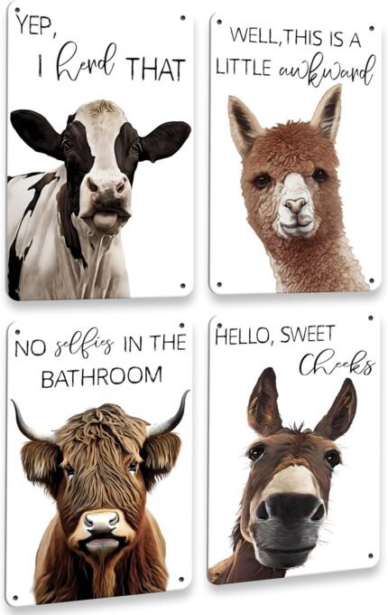 Drsoum Funny Highland Cow Donkey Animal Wall Metal Sign Guest Toilet Room Decor Cute Bathroom Signs Rustic Farmhouse Artwork 12 x 8 Inch Set of 4