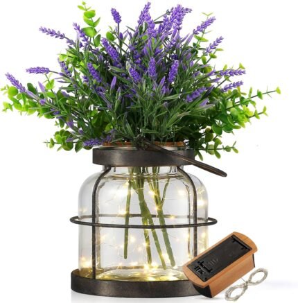 Vintage Farmhouse Lantern Decor LED Lighted Vase, Rustic Glass Vase with Artificial Flowers 4pcs Lavenders & Eucalyptus, Farmhouse Table Centerpiece for Floral Arrangements-Hidden Switch Lid