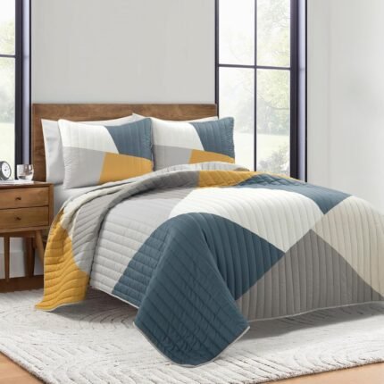 Lush Decor Modern Color Block Quilt Queen Size 3 Piece Set Full/Queen King Multi - Bedding Set California Queen Quilt - Mid Century Modern Decor