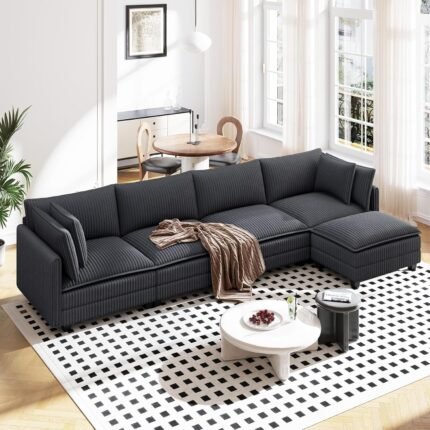 Vesgantti 143" L Shaped Modular Sectional Sofa, Comfy Corduroy Upholstered Modular Sectional Couches for Living Room, Modern Cloud Couch with Ottoman Deep Seat, Dark Grey