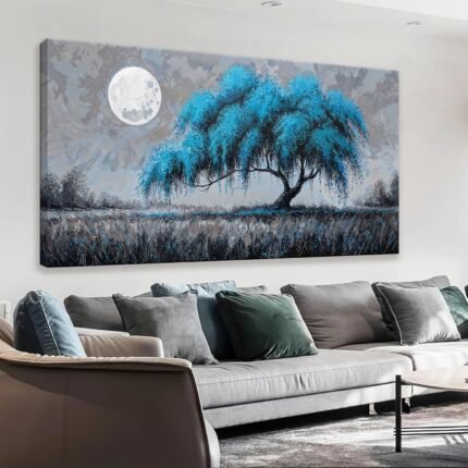 Modern Tree Of Life Wall Art Decor Canvas Art Wall Decor Artwork Blue Wall Art For Living Room Bedroom Kitchen Office Bathroom Ready To Hang Canvas Prints 20x40 Inch