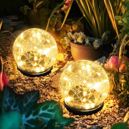 Solar Lights Outdoor for Yard Patio Porch, Garden Decor Birthday Gifts for Mom Women, Solar Globe Lights Waterproof Cracked Glass Ball Outdoor Decorations Balcony Backyard (2 Pack Warm White)