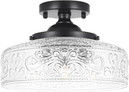 Semi Flush Mount Ceiling Light Fixture, Vintage Matte Black 3-Light Fixture with Etched Crystal Glass Shade for Kitchen,Hallway, Entryway, Bedroom (No E12 Bulbs Included)