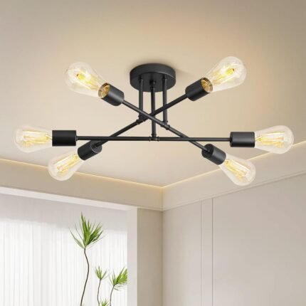 Sputnik Chandelier,6-Light Ceiling Light, Dining Room Light Fixture with E26 Bulbs,Ceiling Light Fixture, Angle Adjustable Kitchen Lighting Fixtures Ceiling, Modern Black Chandeliers for Dining Room