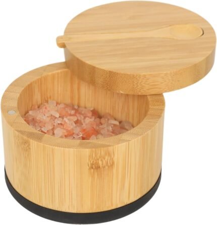 Bamboo Salt Cellar with Lid and Spoon, Black Salt Box - Easy to Distinguish Spice in The Bowl, Salt Container with Magnetic Swivel Lid for Herbs or Seasonings