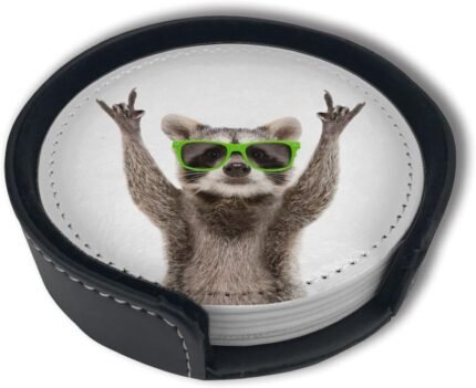 Novelty Raccoon Coasters for Drinks with Holder Leather Coasters Set of 6 Table Decor Protect Furniture from Water Marks Scratch and Damage