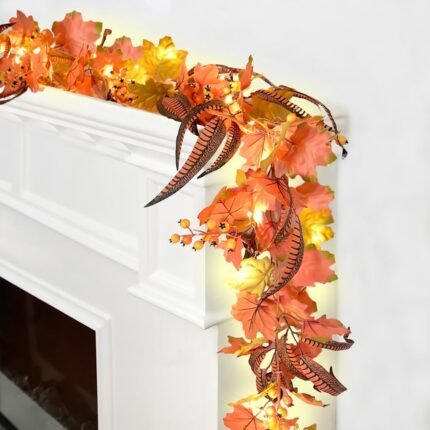6FT Fall Garland Lights with Timer Colorful Maple Leaves Cute Berries Unique Feather Leaves Fall Leaves Garlands for Mantle Halloween Thanksgiving Harvest Decorations for Home Indoor Christmas