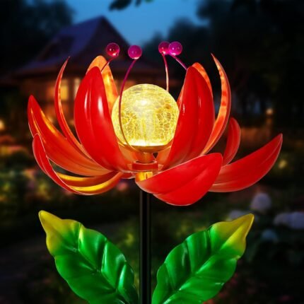 Solar Lights Outdoor Garden Decor, Solar Wind Spinner Yard Decorations for Outside, Lotus Windmill Pathway Lights with LED Cracked Crystal Ball Waterproof Flower Sculpture for Patio Lawn Garden Gifts