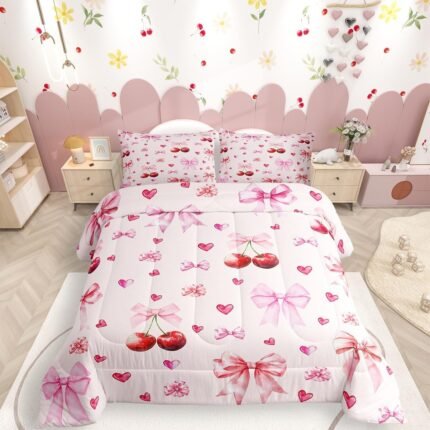 Erosebridal Cherry Bow Bedding Set for Girls Coquette Comforter,Pink Ribbon Bows Bedding Sets for Kawaii Princess Style Twin Bed Set Romantic Bowknot Quilt Insert Dreamy Aesthetic Kawaii Room Decor