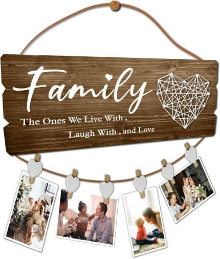 Buecasa Housewarming Gifts New Home Sign Decor- Family Wall Hanging Picture Frame with 6 Heart Clips 15.8x6.0 Inches