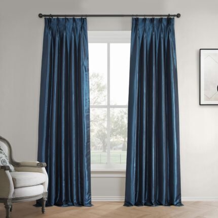 HPD Half Price Drapes Faux Silk Taffeta Blackout Curtains for Bedroom 96 Inches Long (1 Panel), 25W x 96L Pleated Curtains for Living Room Home Decor, Navy Blue