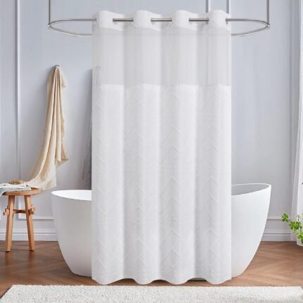 White No Hook Shower Curtain and Fabric Liner Set, Boho Tufted Chevron Striped and Shabby Chic Textured Shower Curtain with a See-Through Top Window, Hotel Décor, 54" W x 80" H