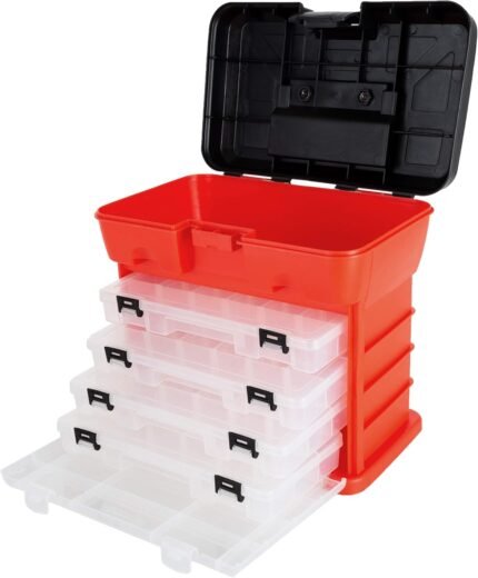Portable Tool Storage Box - Small Parts Organizer with 4 Multi-Compartment Trays for Fishing Tackle, Hand Tools, or Craft Supplies by Stalwart (Red)