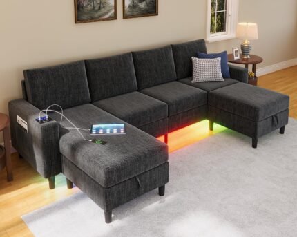 Smart Sectional Couches for Living Room, 6 Seat U/L Shaped Sectional Sofa with RGB Light/Charging, Modern Living Room Furniture for Apartments/Office/More (Dark Grey)