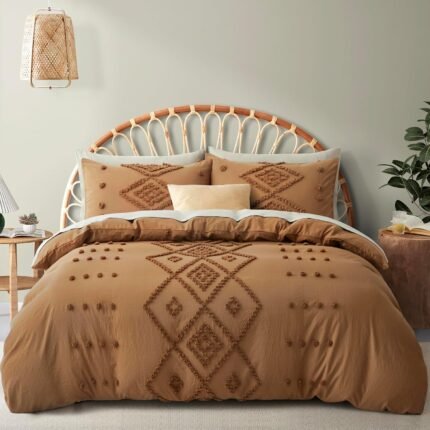 Oli Anderson Tufted Duvet Cover Queen Size, Soft and Lightweight Duvet Covers Set for All Seasons, 3 Pieces Boho Embroidery Shabby Chic Bedding Set (Pumpkin Brown, Queen, 90"×90")
