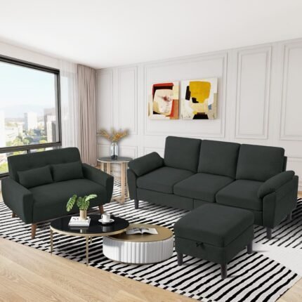 2 Piece Sectional Sofa Set, 3-Seat Small L Shaped Couch with Storage Ottoman and 2 Seat Loveseat Sofa Set Polyester Fibre for Living Room, Black