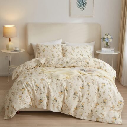 VM VOUGEMARKET Yellow Floral Duvet Cover Queen 3 Pieces Cotton Girls Cottagecore Bedding Set,Rose Flower Comforter Cover with Zipper Closure,Vintage Country Bedding 90x90