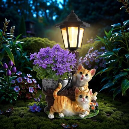Solar Cat Outdoor Statues, Garden Sculptures with Flowerpot Decor & Solar Lantern for Yard Art Lawn Ornaments Porch Patio Balcony - Idea Gifts for Women Mom Grandma