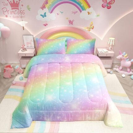 Erosebridal Rainbow Bedding Set for Kids Girls Teens Women Tie Dye Pastel Comforter Set Twin Size Golden Stars Glitter Bedding Comforter Set Watercolor Art Girly Quilt Set Sweet Bedroom Decor 2 Piece