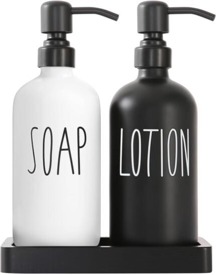 Soap Dispenser Set, Bathroom Countertop Soap Dispensers with Stainless Steel Pump, Perfect for Black and White Bathroom Decor. (Black & White)