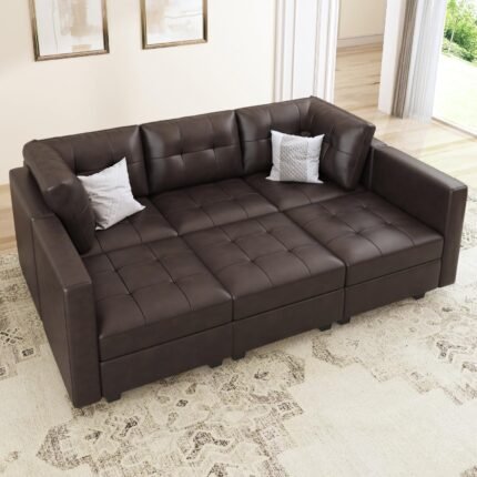 HONBAY Oversized Modular Sleeper Sectional Sofa Bed with Storage, Faux Leather Reversible 6 Seat Couches, Mid Brown