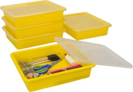 Storex Letter Size Flat Storage Tray – Organizer Bin with Non-Snap Lid for Classroom, Office and Home, Yellow, 5-Pack (62538U05C)